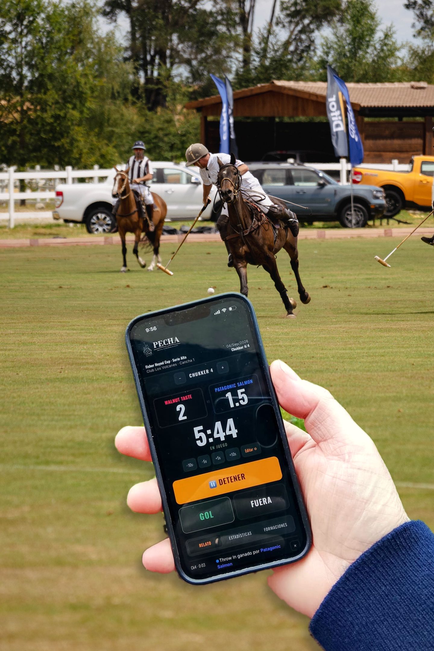 Marcador de Pecha en vivo durante un partido de polo: The Salar 2, Chandler 0, chukker 1